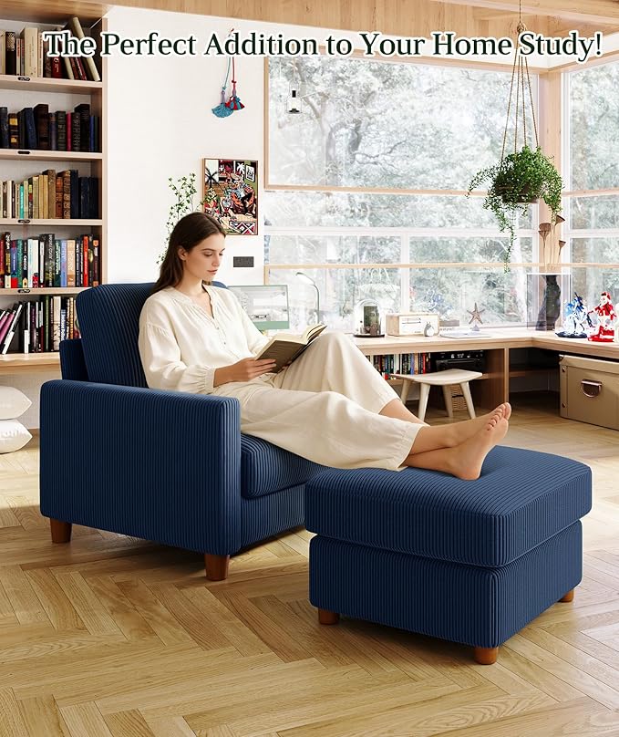 25.2 Couches for Living Room Comfy Blue Ottoman with Storage Foot Rest Tool-Free Setup Small Ottoman Foot Rest for Couch Corduroy Couch for Bedroom Apartment Office