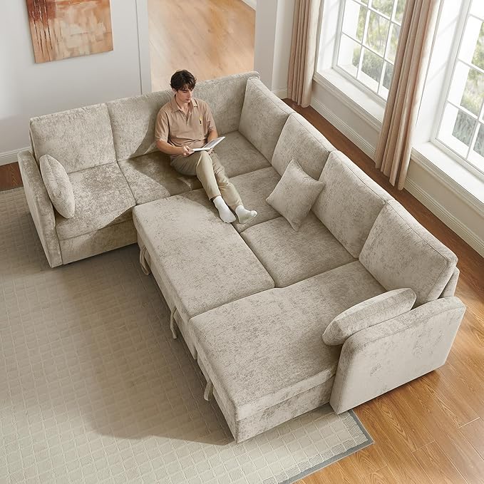 111'' Modular Sectional Sofa with Pull Out Bed U Shaped 6 Seat Sleeper Couch with Storage Chaise Modern Sectional Couch Cloud Chenille Sofa Bed for Living Room Apartment Office Camel