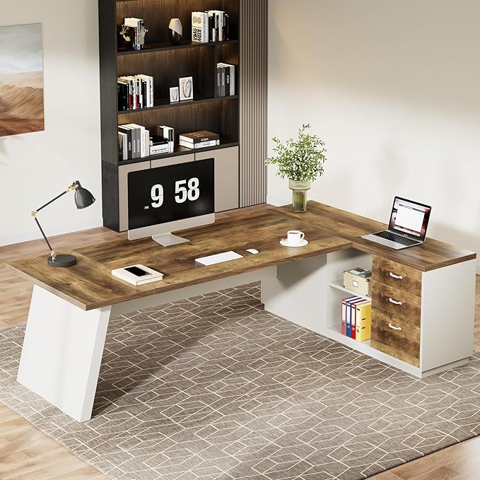Tribesigns L-Shaped Executive Desk 78-Inch Modern Office Desk with Drawers and Lateral File Cabinet Large Bussiness Furniture with Storage Shelves Workstation for Home Office (Brown + White)
