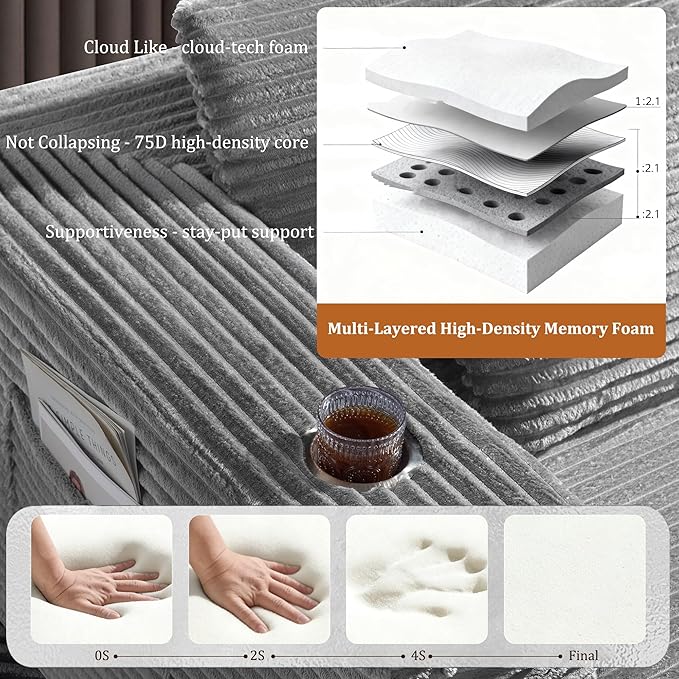 37 Cloud Sectional Couch Ottoman for Living Room Extra Deep Seats No Assembly Minimalist Modular Couch Corduroy (Light Grey Single Ottoman)