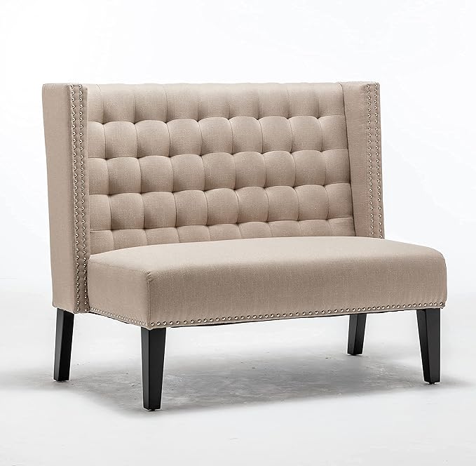 Tongli 46 Small Modern Loveseat Settee Sofa 2-Seat Sofa Couch Tufted Love Seat Dining Bench with Nail Head Trim Back Banquette Sofas for Living Room Small Space Entryway Hallway Khaki