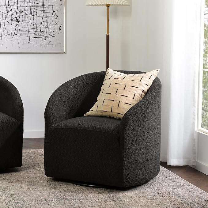 KINWELL 32 Wide Modern Boucle Swivel Barrel Chair No Assembly Round Upholstered Swivel Accent Armchair for Living Room Bedroom Office (Black)
