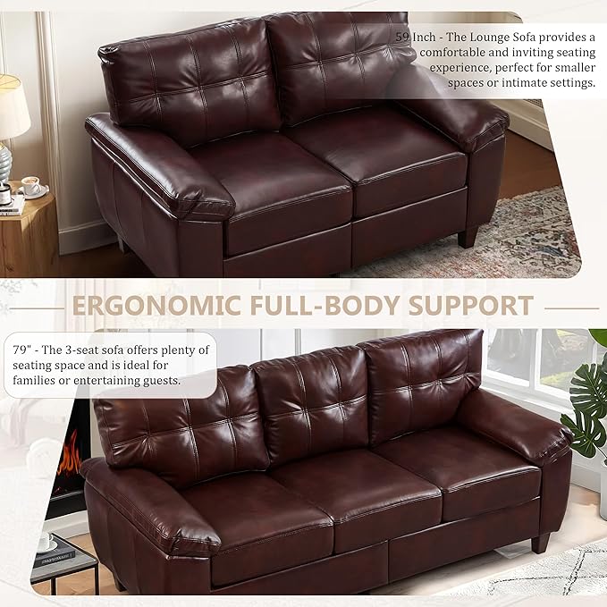 59 Faux Leather Loveseat with Storage Mid-Century Modern PU Sofa Couch with Tufted Seat &amp Back Deep Seat Small Sofa for Living Room Apartment Office Vintage Upholstered 2-Seater Couch Burgu