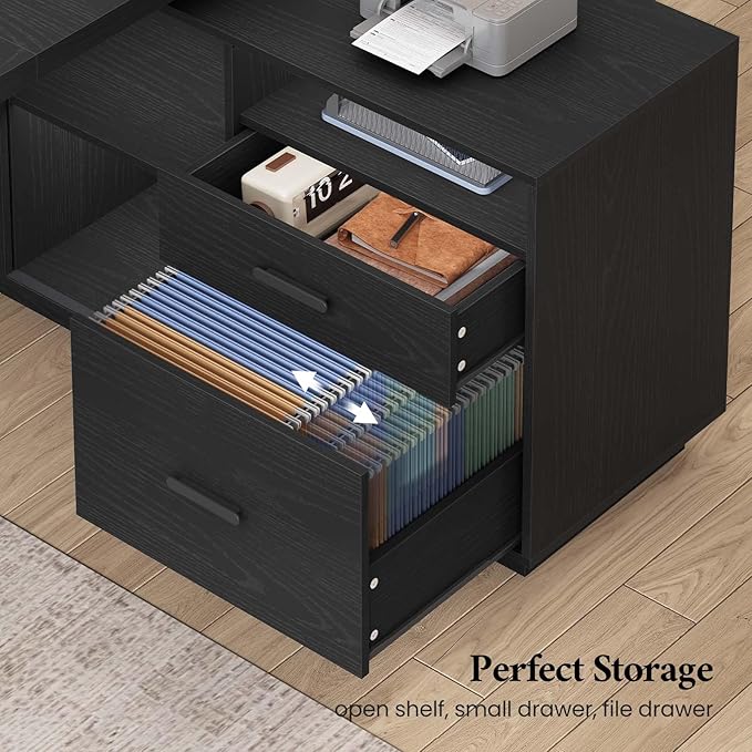 78 inch L Shaped Executive Desk with Power Outlets Large Home Office Desk with Storage Drawers and File Cabinet Modern Computer Desk with Shelves Black Business Furniture