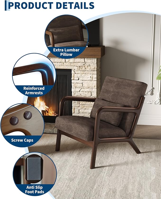 Garvee Mid-Century Modern Accent Chair Chenille Upholstery Solid Wood Armchair with Removable Lumbar Pillow Sturdy Reading Chair for Living Room Bedroom Guest Room Easy Assembly Brown