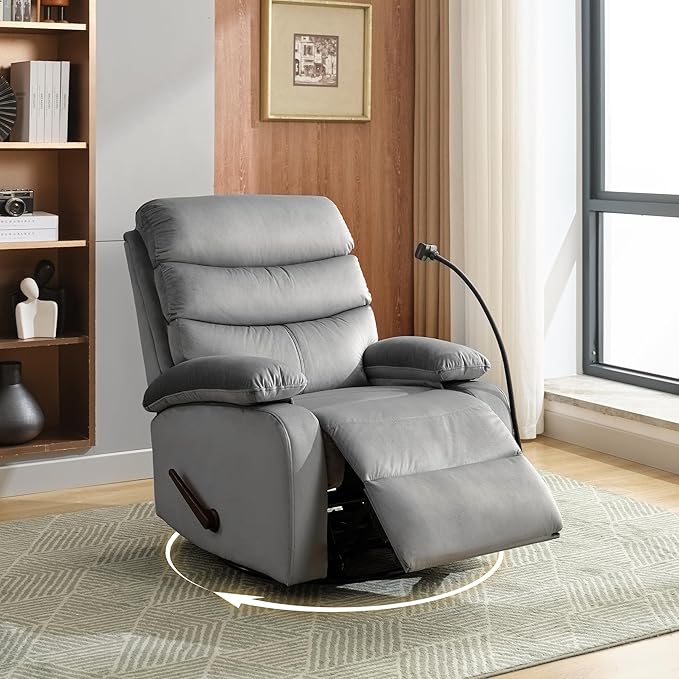 Swivel Rocker Recliner Chair Rocking Recliner Chair with Velvet Fabric Small Manual Reclining for Living Room Nursery Bedroom RV Light Gray