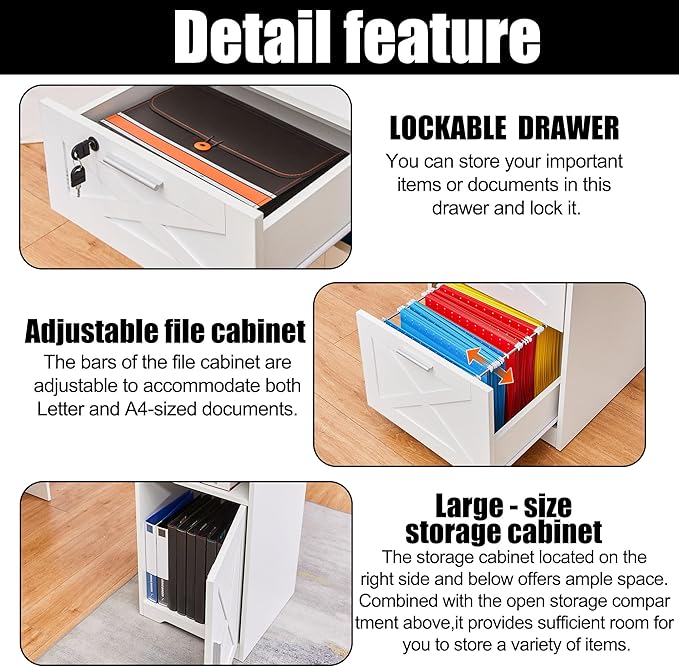 60 L Shaped Executive Desk with Printer SpaceCorner Computer Desk with Power OutletsLockable Drawers &amp Adjustable File CabnetL Shaped Office Desk with Monitor Stand (White)