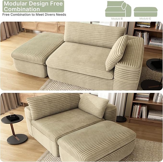 85'' Chaise Lounge Chair Indoor with Double Layer Seat Cushion Boneless Sectional Couches for Living Room with Ottoman Plush Corduroy Sofa Bed Cloud Couch No Assembly(Beige)