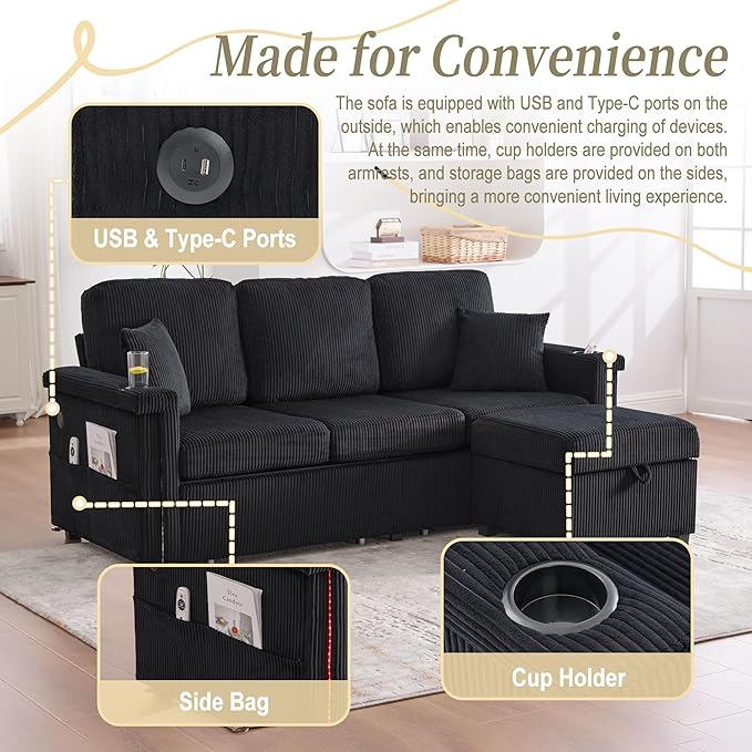 76.8 L-Shaped Sleeper Sofa with Storage Ottoman USB Ports Cup Holders&ampLED Lights Side Pockets Comfy Corduroy Modern 3-Seater Small Couch Bed for Living Room with 2 Throw Pillows (Black)