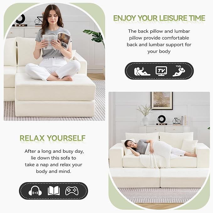 79 Boneless Cloud Loveseat Sofa Couch Modular Tufted Foldable Floor Sofa with Ottoman Chenille Lounge Convertible Sofa Bed for Living Room No Assembly Beige