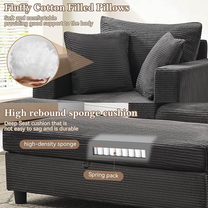 Chaise Lounge Chair IndoorOversized Corduroy Upholstered Sofa Bed with Removable Storage Ottoman Small Cloud Sofas for Living Room Comfy Deep Seat Sleeper Couch Reading Chairs (Gray)