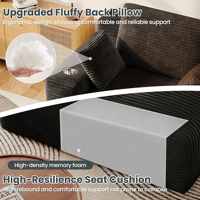 67 Oversized Chaise Lounge Sofa Indoor Sleeper Couch Chair with Cup Holders &amp Side Pocket | High-Density Memory Foam | Living Room Sofa Bed | Boneless Chaise | No Assembly (Black)