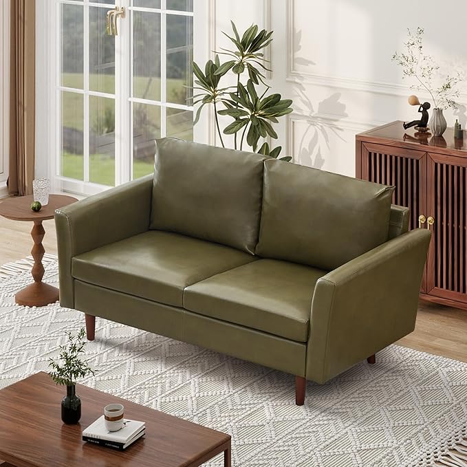 Tbfit Loveseat Faux Leather Sofa Couches for Living Room Bedroom &amp Office Olive Green