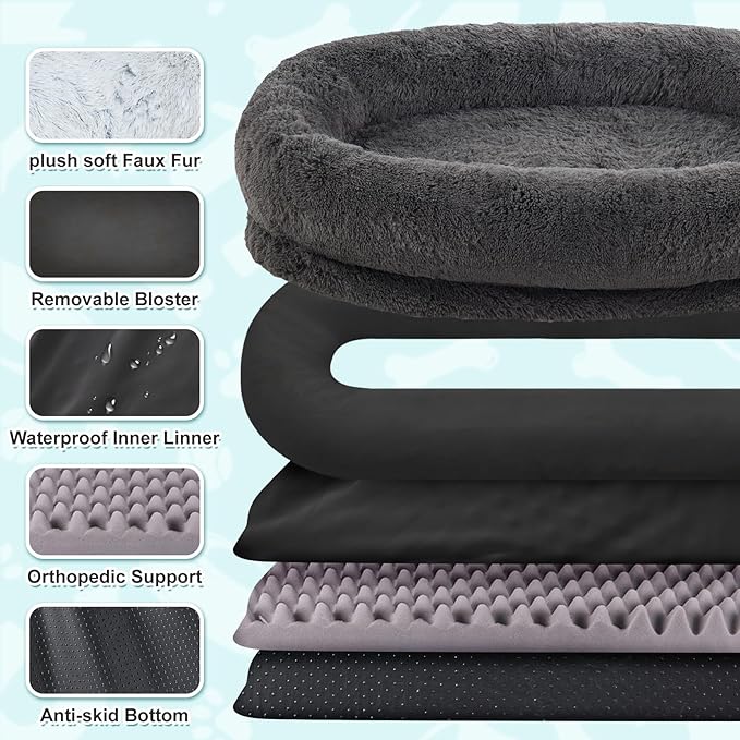 YAEM Human Dog Bed 71x45x12 Calming Giant Human Size Dog Bed for Adults Washable Faux Fur Orthopedic Napping Pet Beds with Non-Slip Bottom Dark Grey