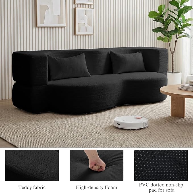 2-in-1 Folding Convertible Sofa Bed - 78 Inch Boneless Teddy Loveseat Sleeper Foldable Floor Futon Couch with Pillow Pull-Out Modular Matress for Small Spaces (Living Room/Bedroom/Dorm) (Black)