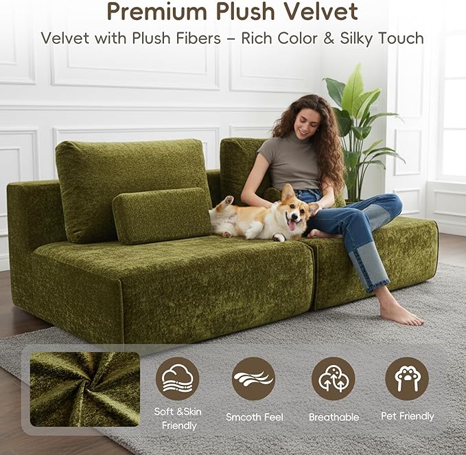 Modular Sectional Sofa 3-Piece Green Plush Velvet Couch Loveseat No-Assembly Compressed Deep-Seat 3-Seat for Living Rooms Family Spaces Reading Nooks
