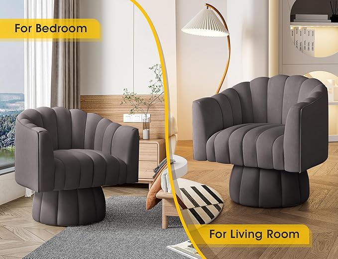 Accent Chair Mid Century 360 Degree Swivel ChairModern Lounge Sofa Round Barrel Chair with Wide UpholsteredFluffy Velvet Fabric Chairs for Home Sofa Living Room/Bedroom/Waiting Room (Grey)