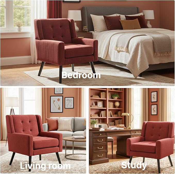 Mid-Century Modern Accent Chair Plush Linen Fabric with Button Tufted High Back &amp 5 Thick Cushion High Comfort Reading Chair for Living Room Bedroom Office (Red)