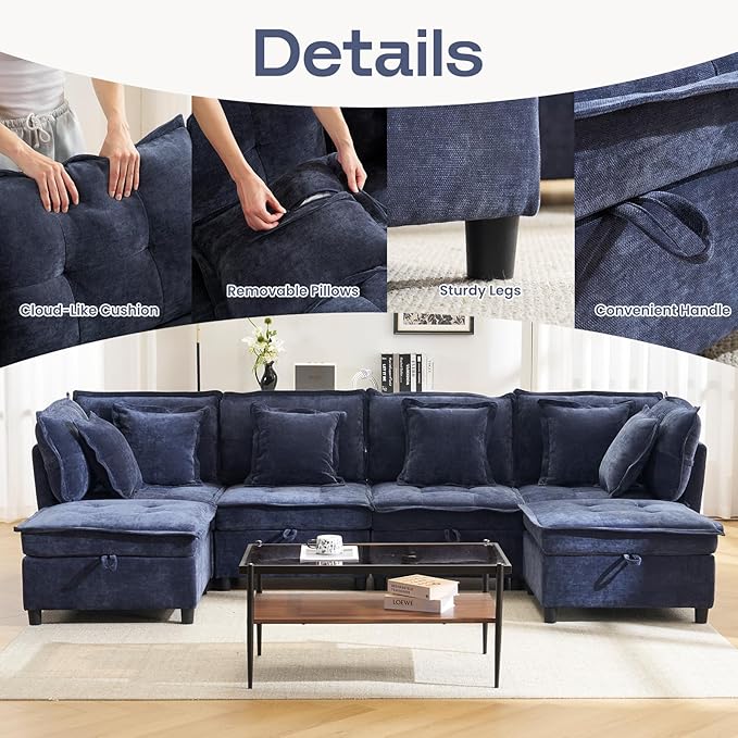 Oversized U Shaped Modern Sofa Couch 133 Modular Sectional Cloud Couch with Storage 6-Seat Chenille Deep Seat Sofa with 6 Pillows for Living Room Bedroom and Apartment Blue