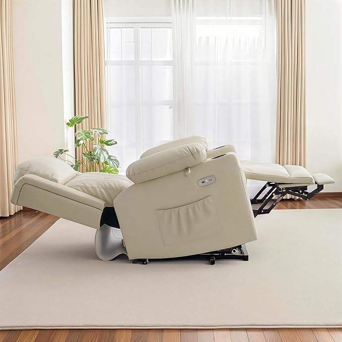MCombo Lay Flat Triple Motor Power Lift Recliner Chair with Massage and Heat Electric Recliner Chair for Elderly People Adjustable Headrest Infinite Position Faux Leather 7661 (Beige Medium)