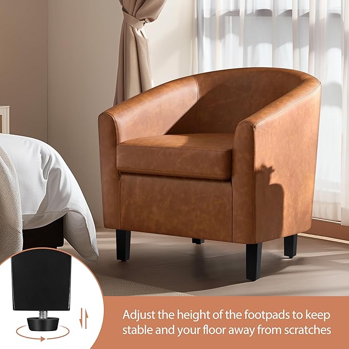 Yaheetech Brown Accent Chairs Set of 2 Faux Leather Barrel Chairs Comfy Modern Leather Club Armchairs with Soft Seat for Living Room Bedroom Reading Waiting Room Brown