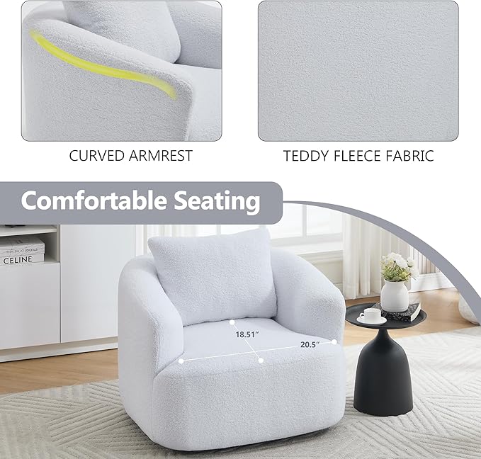 PELUMY Swivel Accent Chair Modern Round Barrel Chair Soft Teddy Fleece Fabric Swivel Chair for Living Room 360 Rotating Small Space Comfort Reading Chair No Tools Assembly (White)