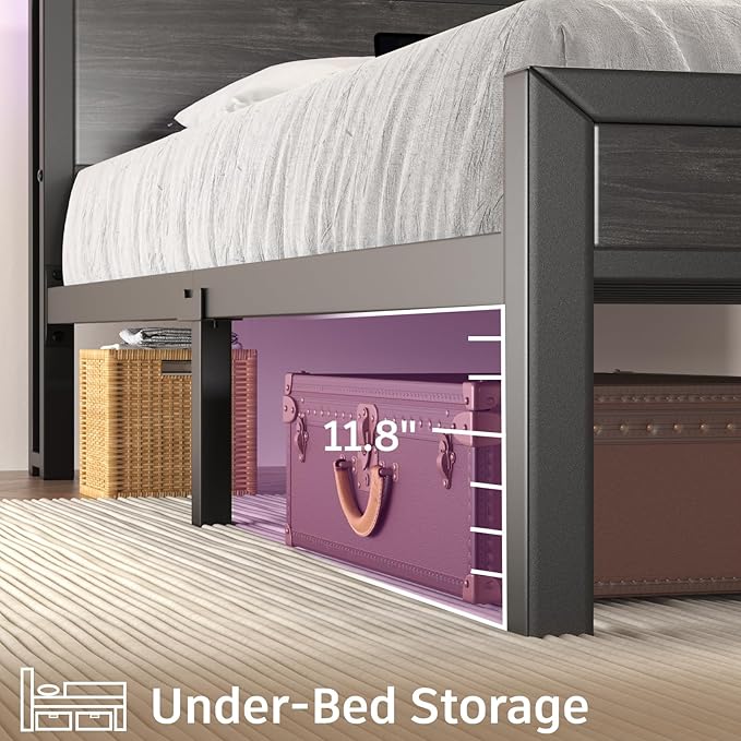 Twin Size Bed Frame with LED Lights and Charging Station Wood Storage Headboard with 2-Tier Shelves Heavy Duty Metal Slats No Box Spring Need Noise Free Easy Assembly Black