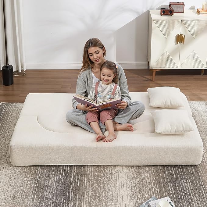 Folding Sofa Bed Convertible Futon Sleeper Bed 2-in-1 Foldable Floor Mattress with 2 Pillows Breathable High-Density Foam Lazy Couch Comfy Lounge Chair Twin Size Beige