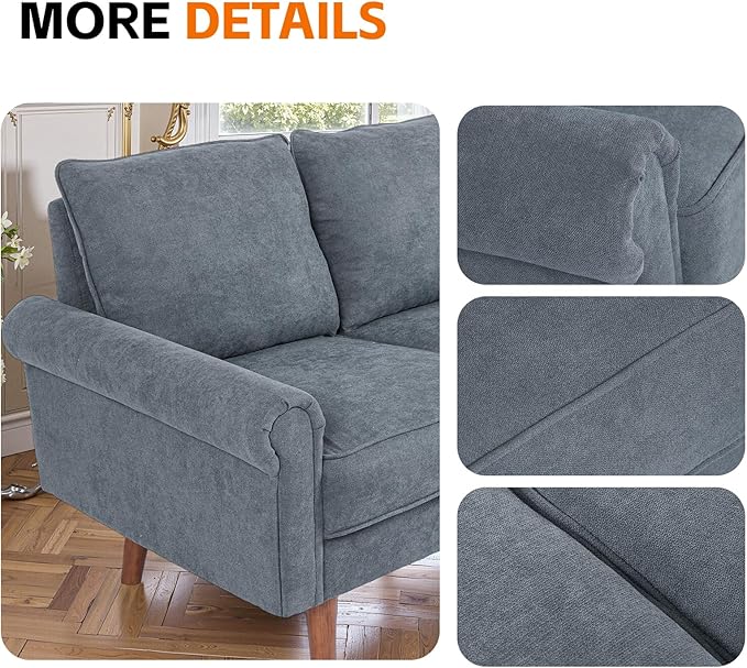 57-Inch Modern Velvet Loveseat Sofa with Rolled Armrests Removable Cushions Solid Wood Legs Comfy Two-Seater Sleeper Couch Easy Assembly for Living Room Bedroom Office Gray