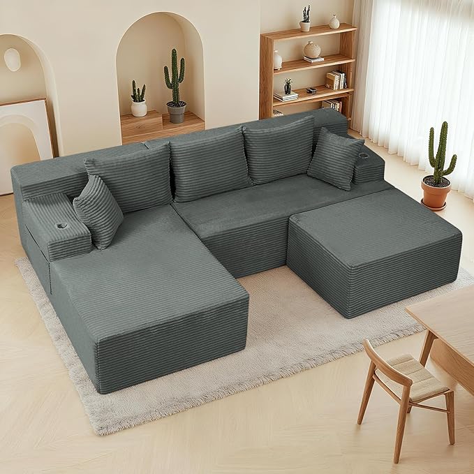 Boneless Couch Cloud Modular Sectional Sofa Modern Convertible L Shaped 3 Seat Corduroy Deep Seat Boneless Couches with 5 Pillows for Living Room Apartment (Dark Gray Left Facing Chaise+Ottoman)