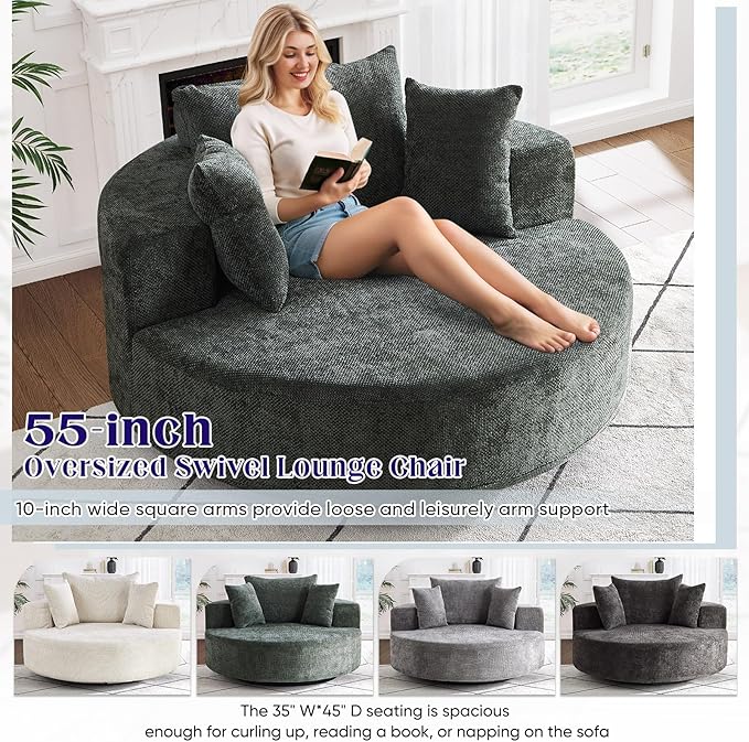 Oversized Round Swivel Chaise Longue Chair Indoor Modern 55-inch 360 Degree Swivel Upholstered Waffle Chenille Deep Seat Circle Single Cloud Sofa Chair for Living Room Bedroom Apartment Office Green