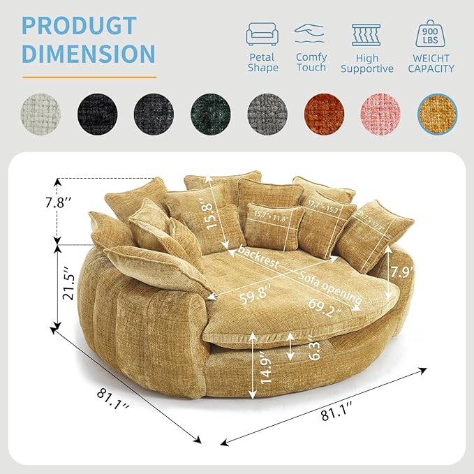 81 Oversized Round Sofa Bed Large Chenille Bean Bag Chair No Assembly Required Cloud Couch Fluffy Plush Chaise Lounge Chair Indoor Modern Sleeper Sofa with Deep Seat for Living Room (Yellow)