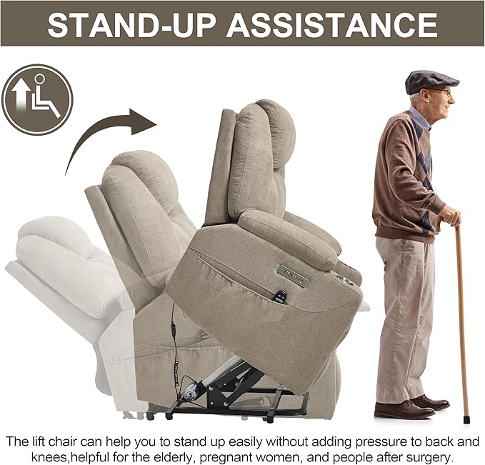 Power Lift Chair with Massage &amp Heat Electric Recliner Chairs for Adults Remote Control Sofa for Living Room Standing Assistance USB Ports Stainless Steel Cup Holders (Chenille Khaki)