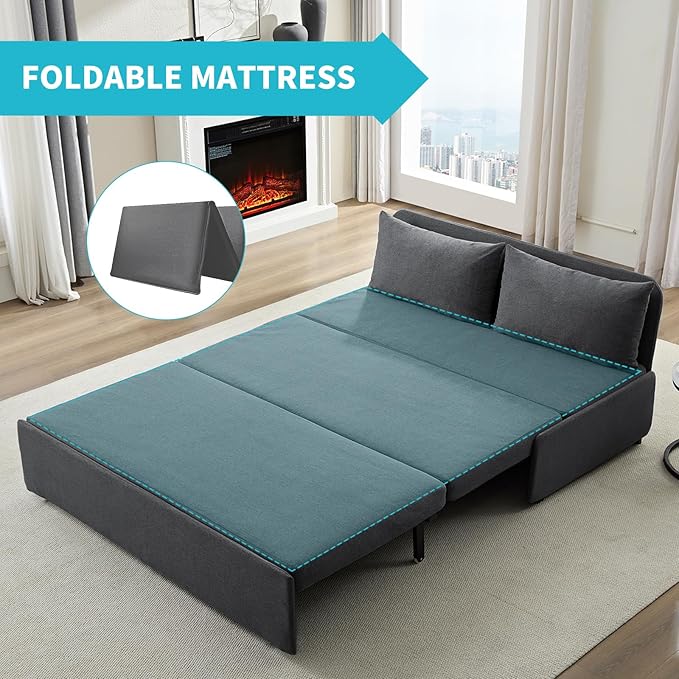 CECER 64.2 Queen Size Pull Out Sofa Bed Pull Out Couch Bed with 2 Pillows Linen Convertible Sleeper Sofa with Comfy Mattress 2 in 1 Armless Loveseat Sleeper for Living Room-Dark Grey
