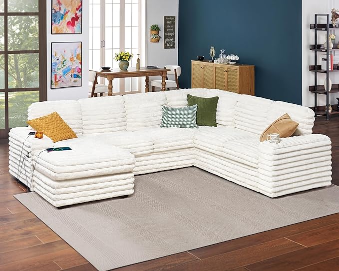 PaPaJet U Shaped Couch 112 Inch Oversized Couch with Storage Sectional Sofa with Cup Holders &amp 2 USB Ports Faux Fur White Sofa