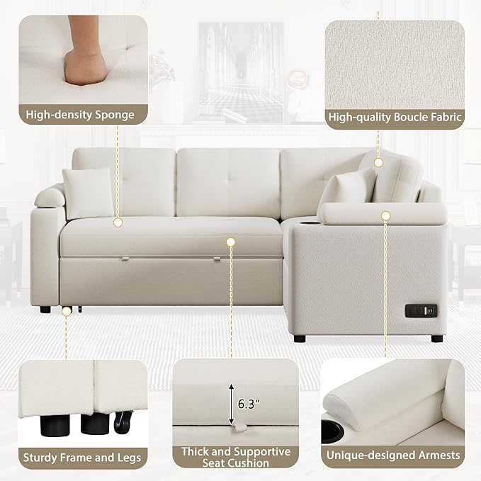 83 L-Shape Sofa Bed Pull-Out Sleeper Sofa with Wheels and Built-in Cup Holders Modern Button Tufted 3 Seater Sectional Corner Couch with Power Sockets for Living Room (Beige-s32)