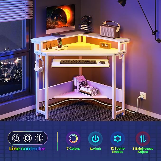 Rolanstar Corner Desk 44.5 W x 34.5 H Small Computer Desk with Power Outlets Gaming Desks with LED Lights Triangle Corner Table with Keyboard Tray &amp Monitor Stand for Small Space White