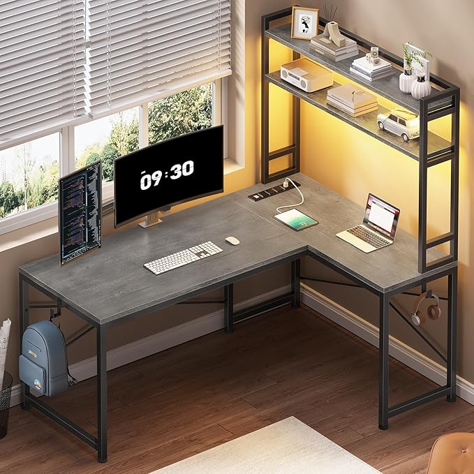 SEDETA L Shaped Computer Desk 45.3” Small Office Desk Corner Compuer Desk with Hutch LED Lights Power Outlet Storage Shelves and Hooks for Home Office Grey