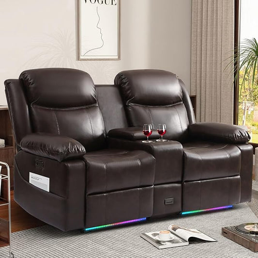 70 Power Reclining Loveseat Sofa Electric Home Theater Seating with Motorized Buttons/Console/Storage Drawer/4 Colors Ambient Lighting/USB Port/Type-C