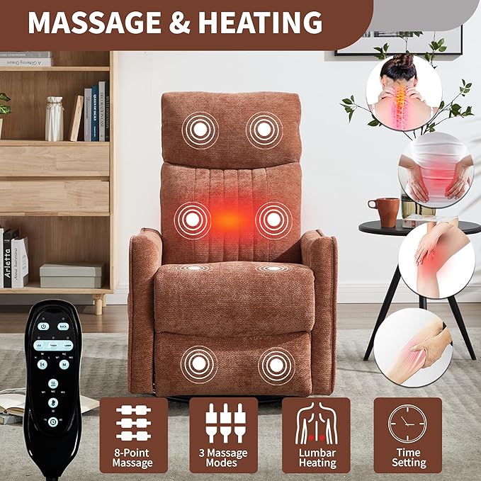 360°Rotating Heated Massage Chair with 8 Vibrating nodesComfortable Rocking Chaise Lounge with Black Metal Base Single Sofa for Living RoomBedroomOfficeOrange Chenille
