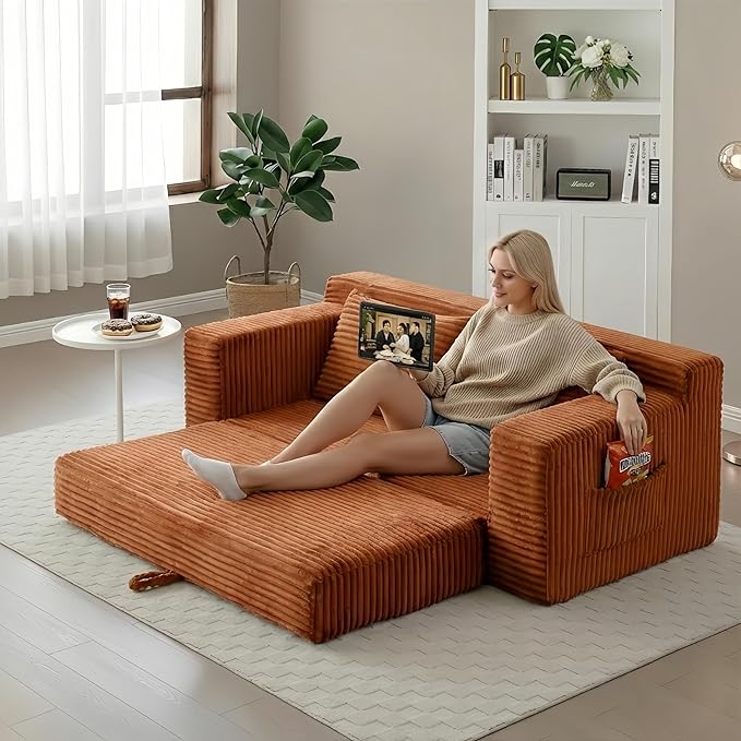 73 Convertible Sleeper Sofa Comfy Corduroy Foldable Sofa Bed with 2 Pillows Floor Sofa Lounge Couch in Box for Living Room Bedroom Lounge Studio No AssemblyOrange