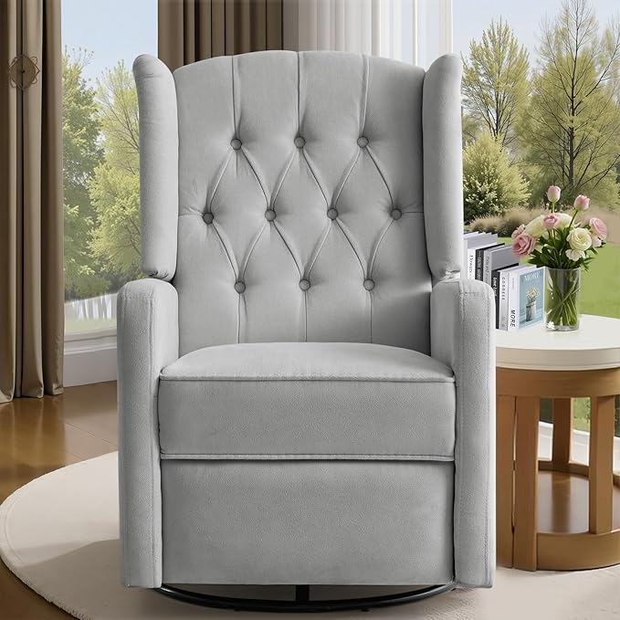 ABAKAN Swivel Rocker Recliner Chair 360 Degree Nursery Rocking Recliner Linen Glider Chair with Button Tufted Wingback Chair for Living Room Bedroom Gray