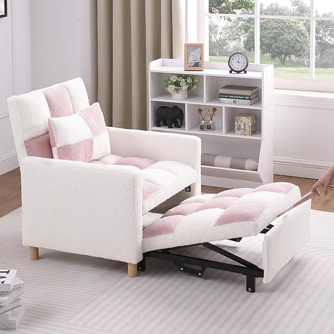 Sleeper Chair Bed Multi-Functional Convertible Chair Sleeper Teddy Fabric Adjustable Single Pull Out Sofa Bed with Lumbar for Apartment BedroomOfficeLiving Room (Beige&ampPink)