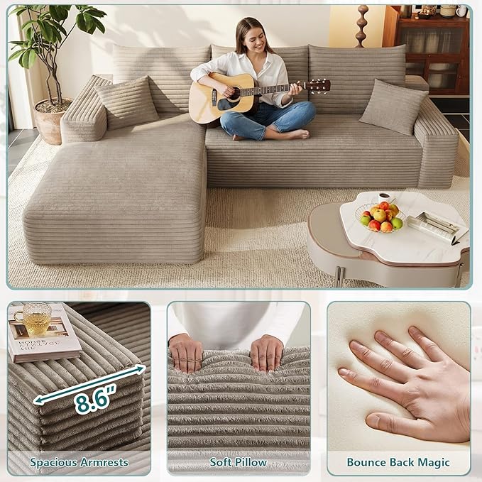 95 Modular Sectional Couch Boneless L Shaped Cloud Sofa with Chaise Lounge Corduroy Upholstered Couches Memory Foam Deep Seat No Assembly Required Ideal for Living Room(Camel Left Facing)