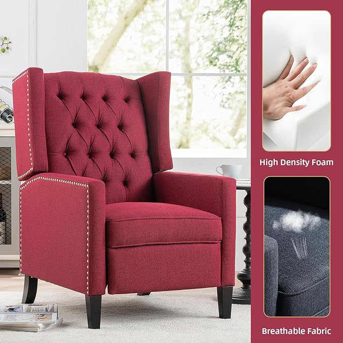 Wing Back Recliner Chair for Living Room Push Back Reclining Chairs Club Accent Chair Lounge Armchair Comfy Fabric Arm Chair with Rivet Decoration Tufted Back Solid Wood Legs Red