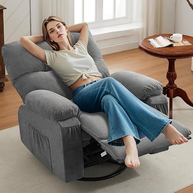Oversized Recliner Chairs for AdultsSwivel Rocking Chair Recliner with Wide Arms&amp Backrest Fabric Reclining Chair with Pockets Lazy Boy Recliners for Living Room Bedroom (Grey)