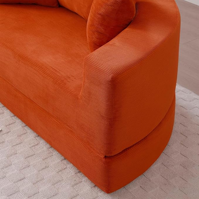 67-inch Convertible Futon Sofa Bed Round Folding Comfy Corduroy Upholstered Couch Bed with 3 Pillows Boneless Floor Lazy Loveseat Sofa for Living Room Apartment Small Spaces Pinstripe Orange