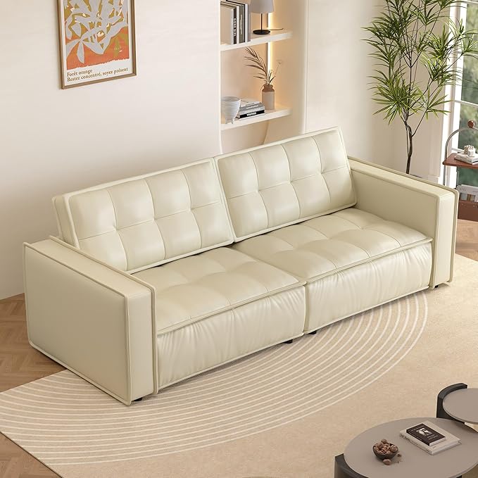 Beige Leather Sofa Couch 95 Modern 3-Seater Living Room Furniture with Easy-to-Clean Upholstery High Resilience Cushions Solid Wood Frame Comfortable Couch for Apartment &amp Home