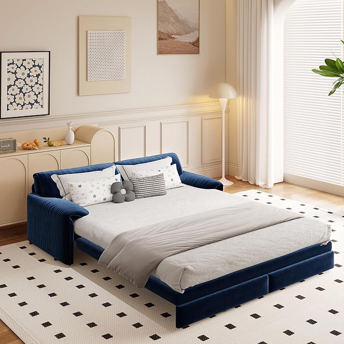 GNIXUU 66 Queen Pull Out Sofa Bed Velvet Convertible Sleeper Sofa Couch with Side Storage Comfy Cloud Futon Bed Pull Out Couch for Living Room Apartment Small Space(Blue)