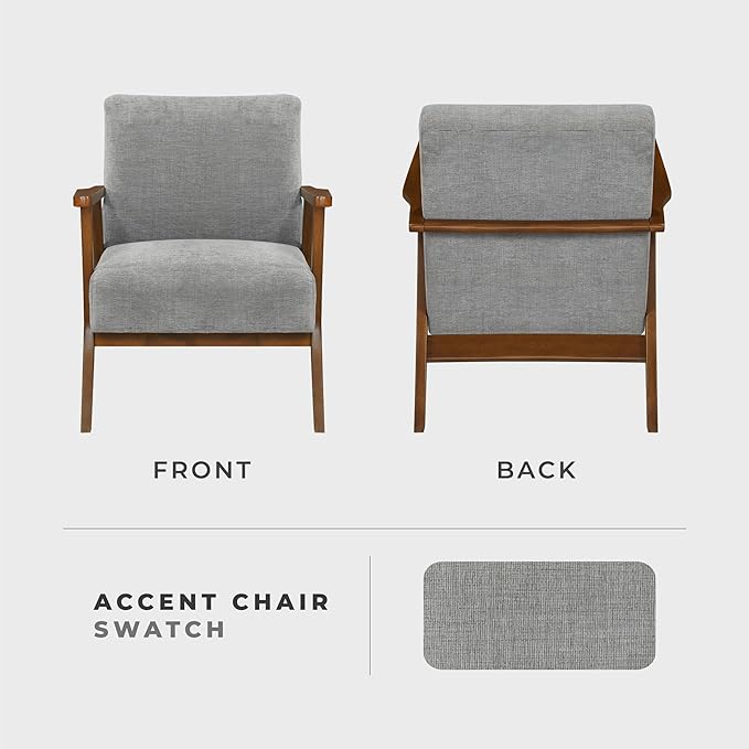 Lexicon Mid-Century Modern Accent Chair Woven Chenille Fabric Lounge Chair Chestnut Solid Wood Frame Wide Arm Rest and Cushioned Comfort for Living Room/Office/Bedroom/Reading Nook Gray